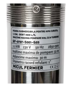 Pompa submersibila pentru apa curata, 1.1 kW, debit 3900 l/h, inaltime maxima pompare 51 m, 8 turbine Pompa submersibila pentru apa curata, 1.1 kW, debit 3900 l/h, inaltime maxima pompare 51 m, 8 turbine
