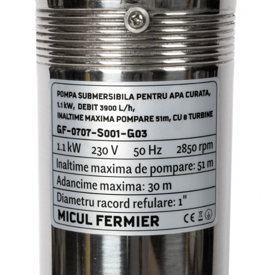 Pompa submersibila pentru apa curata, 1.1 kW, debit 3900 l/h, inaltime maxima pompare 51 m, 8 turbine