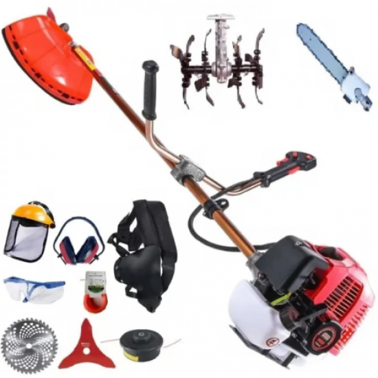 MOTOCOASA PE BENZINA ALFA 7* 7000 PROFESSIONAL, 8 ACCESORII INCLUSE, 12000RPM, 58CC, 7CP + Cultivator si Accesoriu tip fierastrau