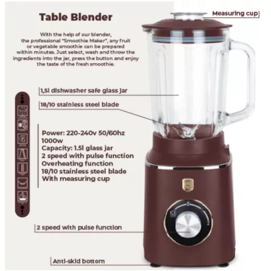 Blender de masa cu borcan de sticla de 1,5 L, BH 9494 Leonardo Collection Berlinger Haus 1000W