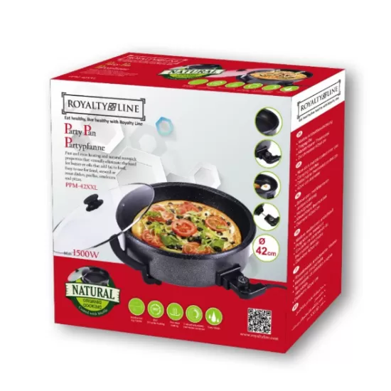 Tigaie electrica marmorata cu capac de sticla, Royalty Line, RL-PP42XXL, Negru, 42 cm, XXL, 1500W