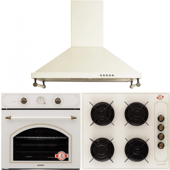 Pachet incorporabil Rustic, Cuptor electric Hausberg HB-8050, Clasa A, 57l, Ventilatie, Bej + Plita Incorporabila HB-570, 4 arzatoare, Gaz, Sticla + Hota decorativa HB-1500, 60cm, Filtru din aluminiu, Bej