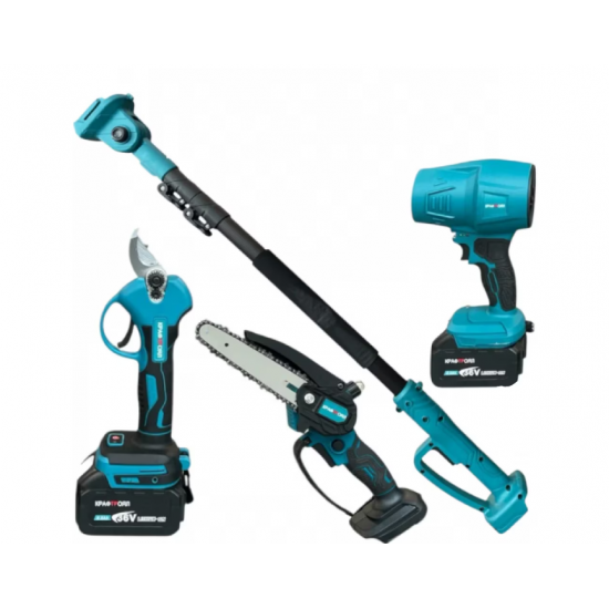 Set 4 in 1 Kraftroyal - Suflanta de frunze cu acumulator, foarfeca de vie, fierastrau pentru crengi, prelungitor telescopic, 36V 8.0Ah