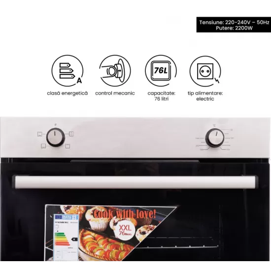 Pachet Incorporabil Cuptor Hausberg HB-8051IN, Electric, Putere 2000 W, 76 l, 4 Functii, Clasa A, Negru/Inox, Plita incorporabila Hausberg HB-555, Gaz, 4 arzatoare, Sistem siguranta, Inox