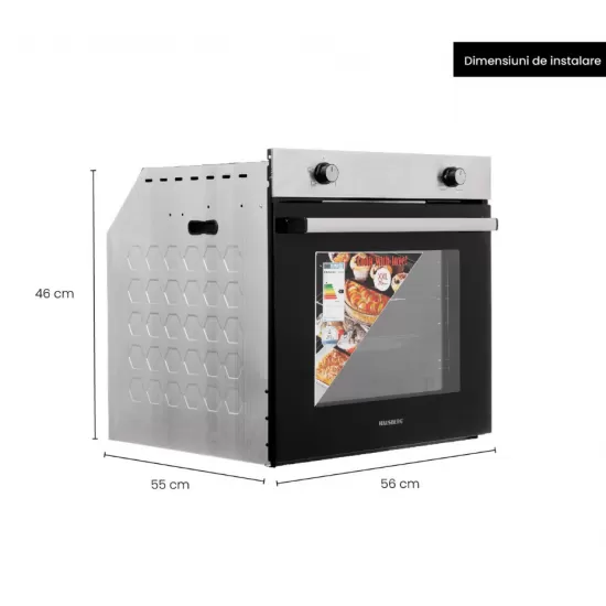 Pachet Incorporabil Cuptor Hausberg HB-8051IN, Electric, Putere 2000 W, 76 l, 4 Functii, Clasa A, Negru/Inox, Plita incorporabila Hausberg HB-555, Gaz, 4 arzatoare, Sistem siguranta, Inox