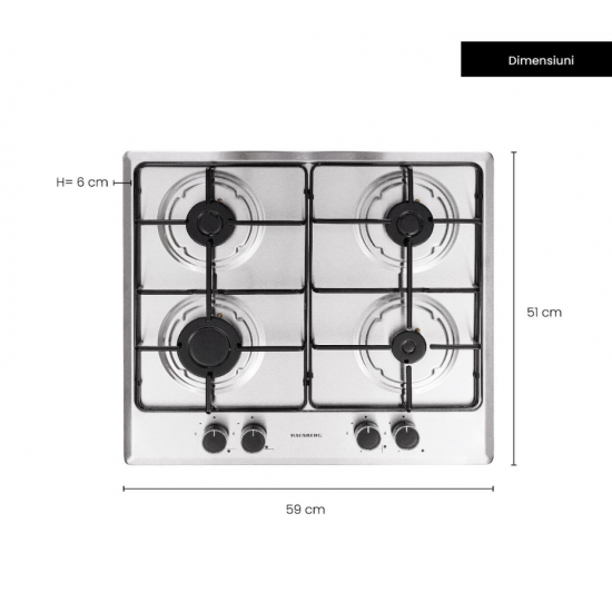 Pachet Incorporabil Cuptor Hausberg HB-8051IN, Electric, Putere 2000 W, 76 l, 4 Functii, Clasa A, Negru/Inox, Plita incorporabila Hausberg HB-555, Gaz, 4 arzatoare, Sistem siguranta, Inox