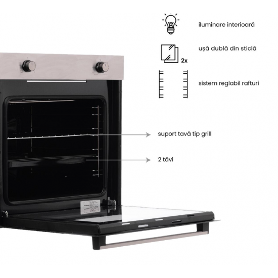 Pachet Incorporabil Cuptor Hausberg HB-8051IN, Electric, Putere 2000 W, 76 l, 4 Functii, Clasa A, Negru/Inox, Plita incorporabila Hausberg HB-555, Gaz, 4 arzatoare, Sistem siguranta, Inox