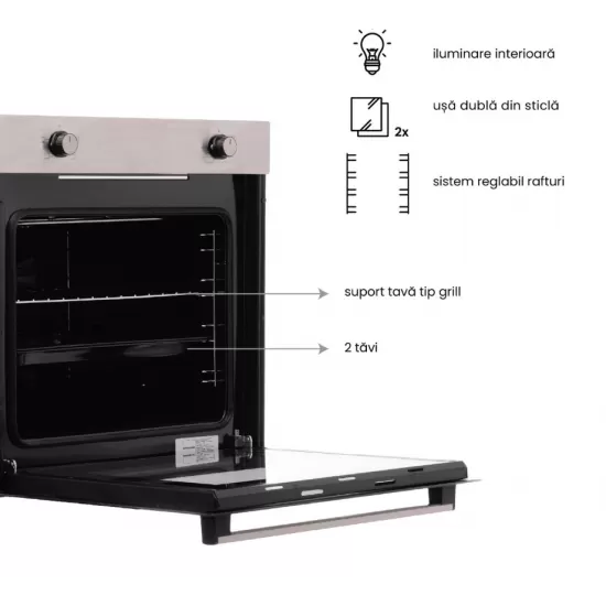 Pachet Incorporabil Cuptor Hausberg HB-8051IN, Electric, Putere 2000 W, 76 l, 4 Functii, Clasa A, Negru/Inox, Plita incorporabila Hausberg HB-555, Gaz, 4 arzatoare, Sistem siguranta, Inox