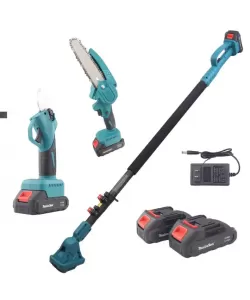 Set Foarfeca de Grădina si Mini Drujba Profesionala - 2 Acumulatori 48V,Lama 16 cm,Brat telescopic 2.13m