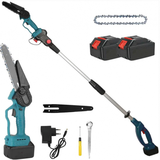 Set Foarfeca de Grădina si Mini Drujba Profesionala - 2 Acumulatori 48V,Lama 16 cm,Brat telescopic 2.13m