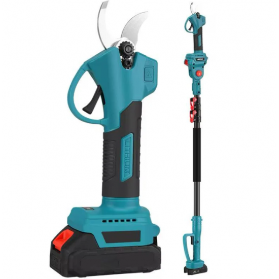 Set Foarfeca de Grădina si Mini Drujba Profesionala - 2 Acumulatori 48V,Lama 16 cm,Brat telescopic 2.13m