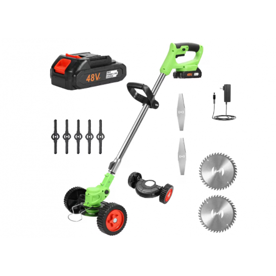 Motocoasa Electrica Motoyama, 1500W cu 2 Acumulatori 48V, Roti Detasabile si 3 Unghiuri de Taiere – Accesorii Incluse, Design Rezistent din ABS si Metal, Verde