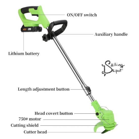 Motocoasa Electrica Motoyama, 1500W cu 2 Acumulatori 48V, Roti Detasabile si 3 Unghiuri de Taiere – Accesorii Incluse, Design Rezistent din ABS si Metal, Verde