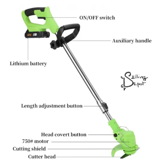 Motocoasa Electrica Motoyama, 1500W cu 2 Acumulatori 48V, Roti Detasabile si 3 Unghiuri de Taiere – Accesorii Incluse, Design Rezistent din ABS si Metal, Verde