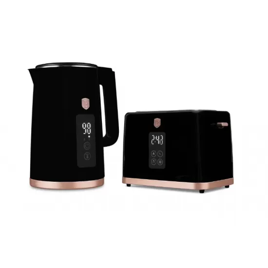 Set fierbator electric si prajitor de paine Berlinger, negru-rose gold, functie de mentinere la cald si 7 niveluri de prajire