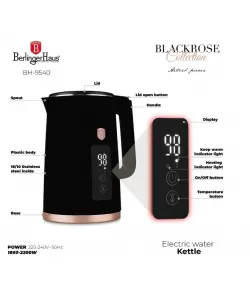 Set fierbator electric si prajitor de paine Berlinger, negru-rose gold, functie de mentinere la cald si 7 niveluri de prajire