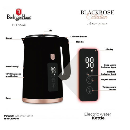 Set fierbator electric si prajitor de paine Berlinger, negru-rose gold, functie de mentinere la cald si 7 niveluri de prajire