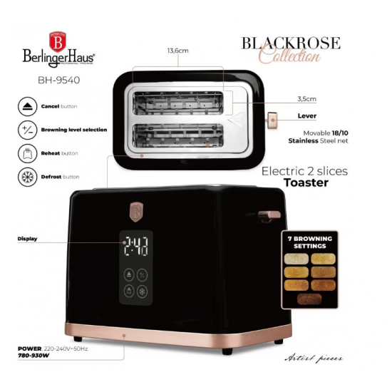 Set fierbator electric si prajitor de paine Berlinger, negru-rose gold, functie de mentinere la cald si 7 niveluri de prajire