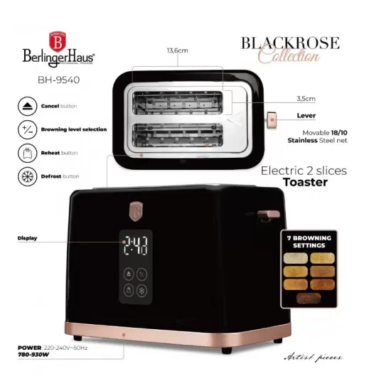 Set fierbator electric si prajitor de paine Berlinger, negru-rose gold, functie de mentinere la cald si 7 niveluri de prajire