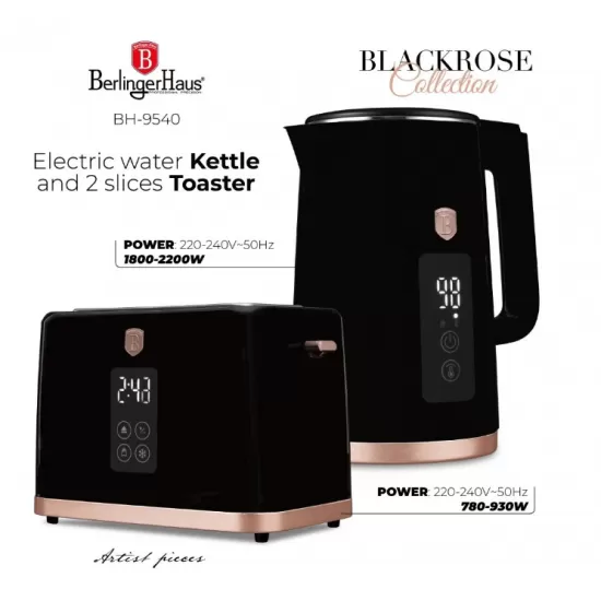 Set fierbator electric si prajitor de paine Berlinger, negru-rose gold, functie de mentinere la cald si 7 niveluri de prajire