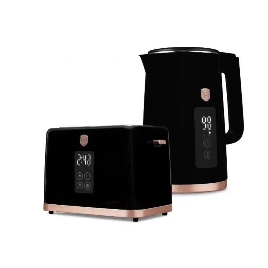 Set fierbator electric si prajitor de paine Berlinger, negru-rose gold, functie de mentinere la cald si 7 niveluri de prajire