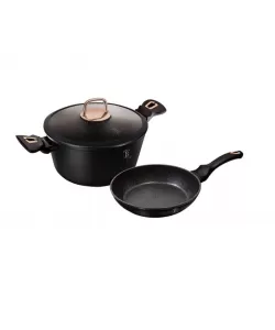 Set oala cu capac + tigaie, BerlingerHaus, aluminiu titan, 24cm, 1.7L/4.1L, negru,auriu rose