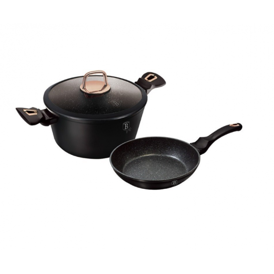 Set oala cu capac + tigaie, BerlingerHaus, aluminiu titan, 24cm, 1.7L/4.1L, negru,auriu rose