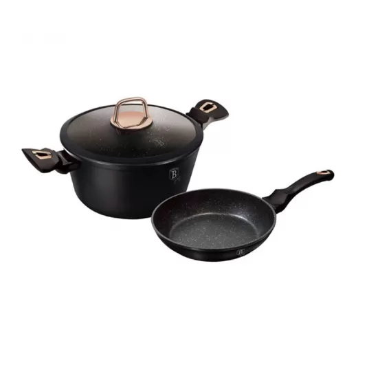 Set oala cu capac + tigaie, BerlingerHaus, aluminiu titan, 24cm, 1.7L/4.1L, negru,auriu rose