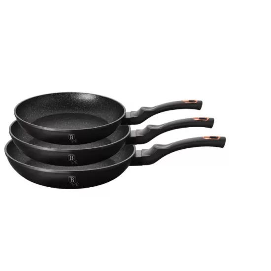 Set 3 tigai Black Rose Berlinger Haus BH 6158F, marmorate, antiaderente, negre