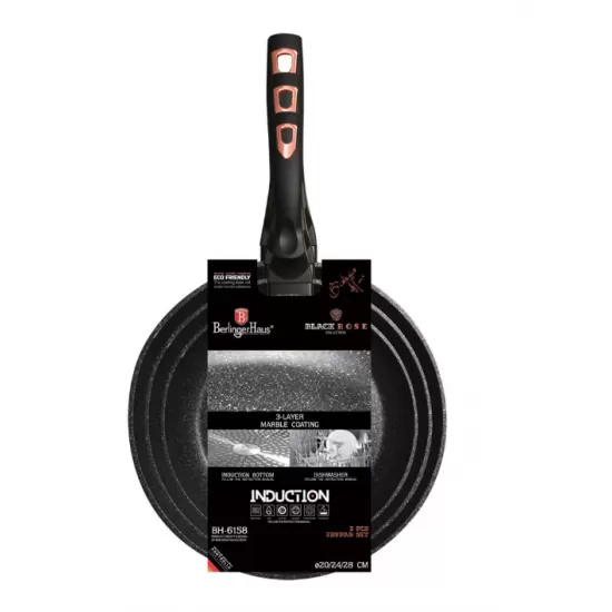 Set 3 tigai Black Rose Berlinger Haus BH 6158F, marmorate, antiaderente, negre