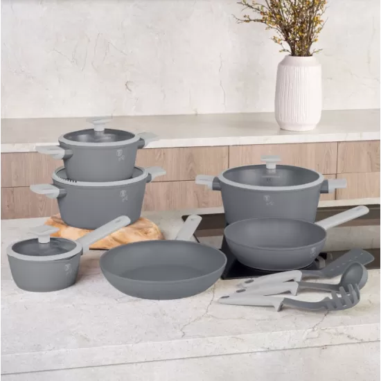 Set oale si tigai cu capace, 15 piese Aspen Berlinger Haus BH 8245, antiaderente, gri, design modern