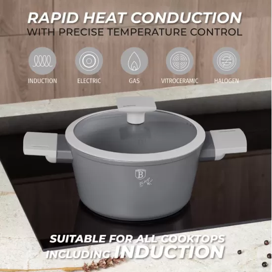 Set oale si tigai cu capace, 15 piese Aspen Berlinger Haus BH 8245, antiaderente, gri, design modern