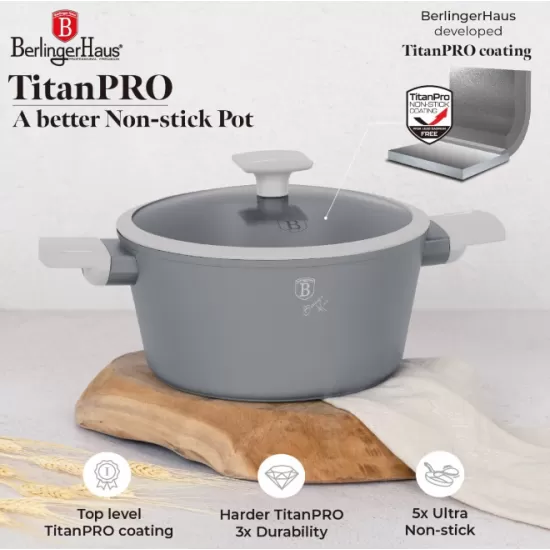 Set oale si tigai cu capace, 15 piese Aspen Berlinger Haus BH 8245, antiaderente, gri, design modern