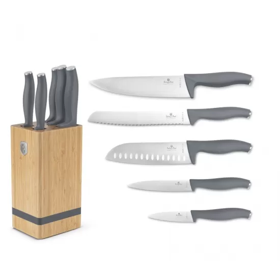 Set 6 Cutite de Bucatarie din Otel Inoxidabil cu Suport din Bambus – Maner Ergonomic