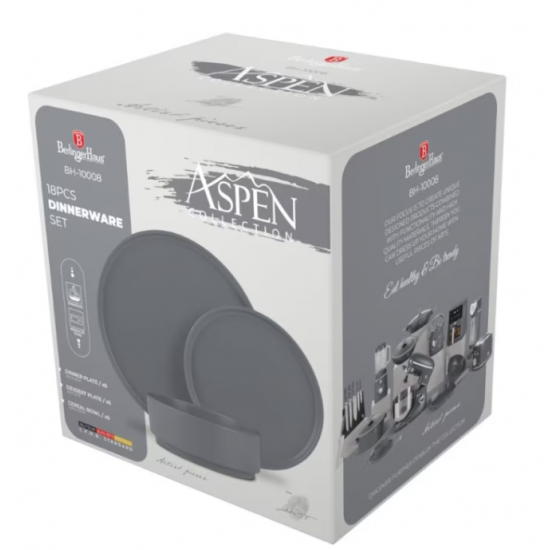 Set farfurii ceramica 18 piese Aspen Collection Berlinger Haus BH 10008, gri, design modern, rotunde