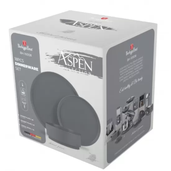Set farfurii ceramica 18 piese Aspen Collection Berlinger Haus BH 10008, gri, design modern, rotunde