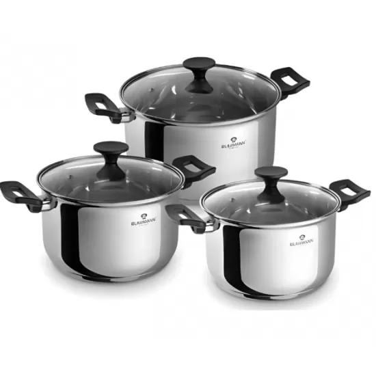 Set cratite inox 6 piese cu capace – 3 cratite cu scara de maurare si manere termorezistente BL-3863