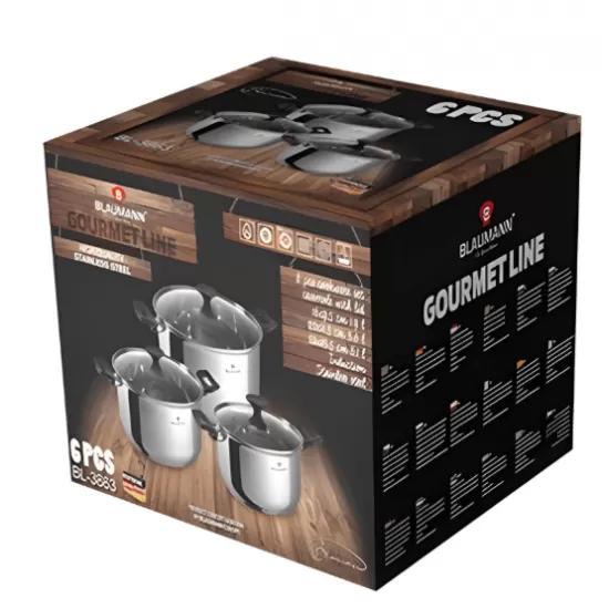 Set cratite inox 6 piese cu capace – 3 cratite cu scara de maurare si manere termorezistente BL-3863