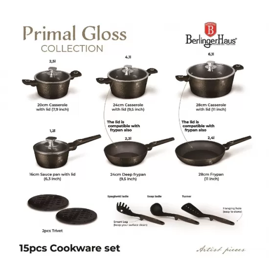 Set cratite si tigai 15 piese din aluminiu forjat cu strat antiaderent – BH/8244