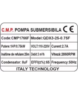 Pompa Submersibila apa murdara /curata Campion QDX3-25 0.75KW,Debit 3 m3/h,refulare 25 m,cu plutitor