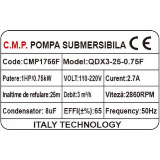 Pompa Submersibila apa murdara /curata Campion QDX3-25 0.75KW,Debit 3 m3/h,refulare 25 m,cu plutitor