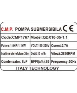 Pompa Submersibila apa murdara /curata Campion QDX10-35 1.1 KW,Debit 10m3/h,refulare 35 m, Debit marit 2 toli / 1.5 toli / 1 tol  fara plutitor