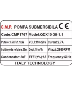 Pompa Submersibila apa murdara /curata Campion QDX10-35 1.1 KW,Debit 10m3/h,refulare 35 m, Debit marit 2 toli / 1.5 toli / 1 tol fara plutitor