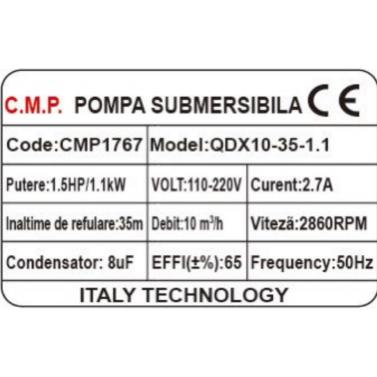 Pompa Submersibila apa murdara /curata Campion QDX10-35 1.1 KW,Debit 10m3/h,refulare 35 m, Debit marit 2 toli / 1.5 toli / 1 tol  fara plutitor