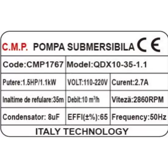 Pompa Submersibila apa murdara /curata Campion QDX10-35 1.1 KW,Debit 10m3/h,refulare 35 m, Debit marit 2 toli / 1.5 toli / 1 tol fara plutitor