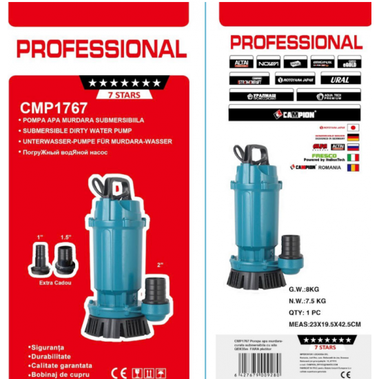 Pompa Submersibila apa murdara /curata Campion QDX10-35 1.1 KW,Debit 10m3/h,refulare 35 m, Debit marit 2 toli / 1.5 toli / 1 tol  fara plutitor