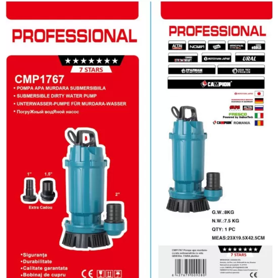 Pompa Submersibila apa murdara /curata Campion QDX10-35 1.1 KW,Debit 10m3/h,refulare 35 m, Debit marit 2 toli / 1.5 toli / 1 tol fara plutitor