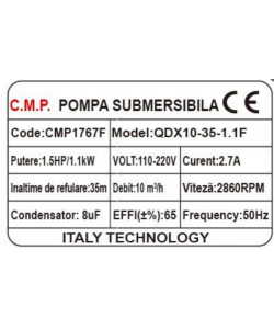 Pompa Submersibila apa murdara /curata Campion QDX10-35 1.1 KW,Debit 10m3/h,refulare 35 m, Debit marit 2 toli / 1.5 toli / 1 tol  Cu plutitor