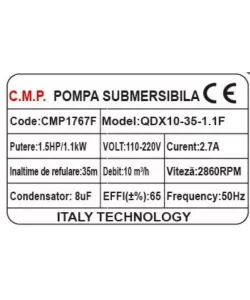 Pompa Submersibila apa murdara /curata Campion QDX10-35 1.1 KW,Debit 10m3/h,refulare 35 m, Debit marit 2 toli / 1.5 toli / 1 tol Cu plutitor