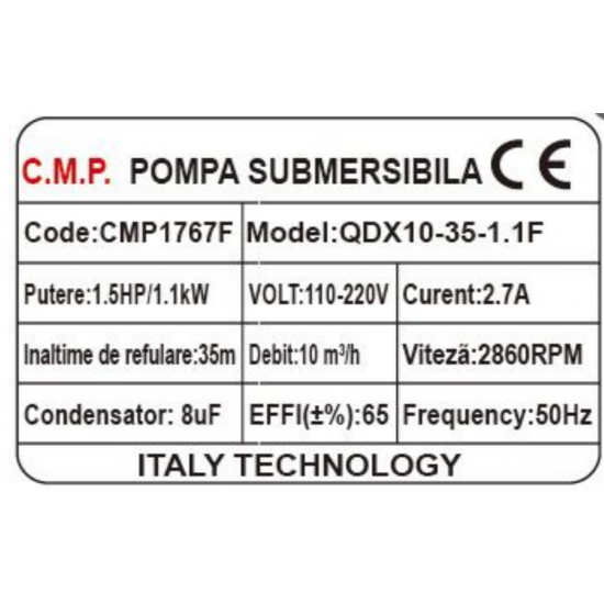 Pompa Submersibila apa murdara /curata Campion QDX10-35 1.1 KW,Debit 10m3/h,refulare 35 m, Debit marit 2 toli / 1.5 toli / 1 tol  Cu plutitor